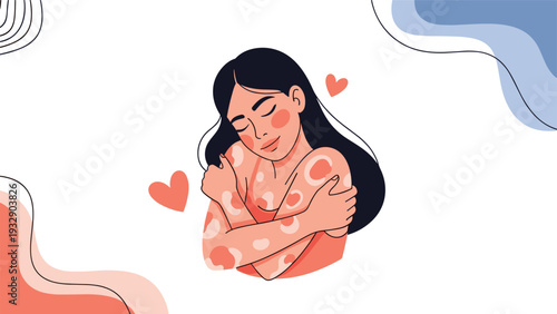 Beautiful woman with vitiligo embracing herself with hearts in the background to promote body positivity, self-love, and skin diversity acceptance.
