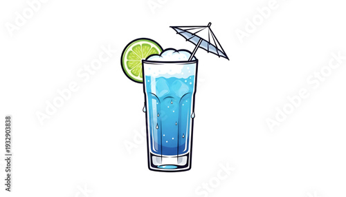 Refreshing Blue Lagoon Cocktail with Lime Slice and Umbrella Illustration