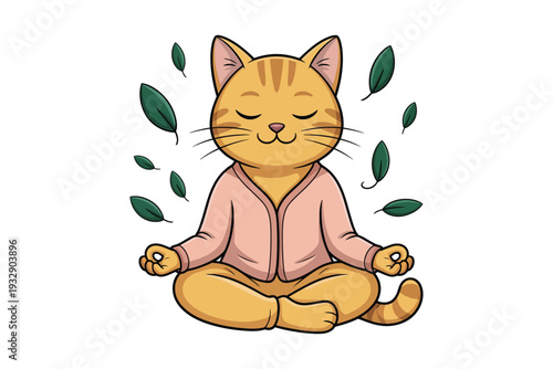 A charming orange tabby cat is peacefully meditating in a lotus position surrounded by floating green leaves high-quality professional detailed.