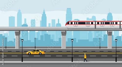 Urban metro train running on elevated bridge above city road modern transportation vector illustration