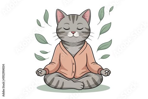 A serene gray tabby cat is peacefully meditating in a lotus position surrounded by delicate green leaves high-quality professional detailed.