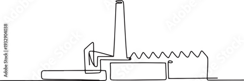 Simple continuous line drawing of a factory building with a tall chimney emitting smoke, representing industry ,Industrial Building Continuous Line Drawing ,and manufacturing, suitable for 