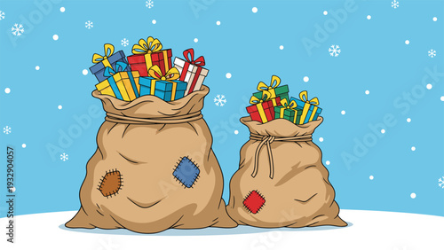 Two large burlap sacks overflowing with colorful wrapped gift boxes in a snowy landscape to represent Christmas and holiday gift giving traditions.