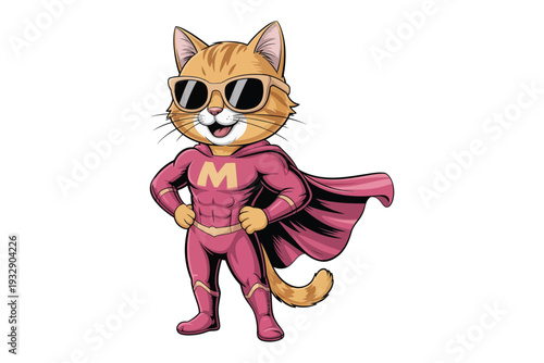 A charming cartoon illustration features an orange cat dressed as a superhero complete with a cape and sunglasses high-quality professional.