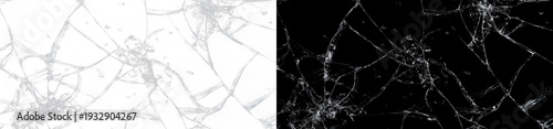 Fotografie White broken glass with cracks covering the entire illustration on a split black-and-white background
