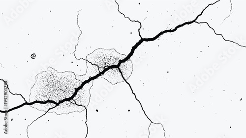 High contrast black and white texture of a deeply cracked concrete wall with spots to represent aging, damage, and urban decay in photography.