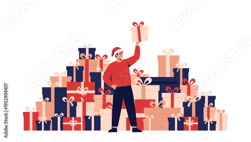 Man wearing a Santa hat standing proudly in front of a huge pile of colorful wrapped gift boxes to represent holiday shopping and generosity.