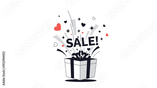 Open gift box with Sale text bursting out along with hearts and stars to represent a special promotional offer, holiday discount, or event.