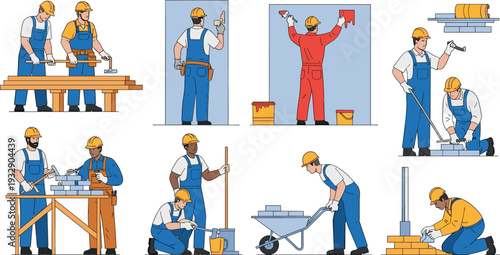 Construction Workers Set with Builders Painting Carpentry Bricklaying and Repair Work Flat Vector Illustration