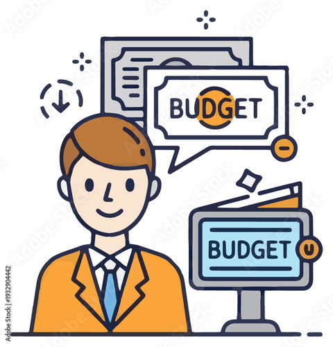Business budget planning concept illustration with an accountant, computer screen, and financial documents.