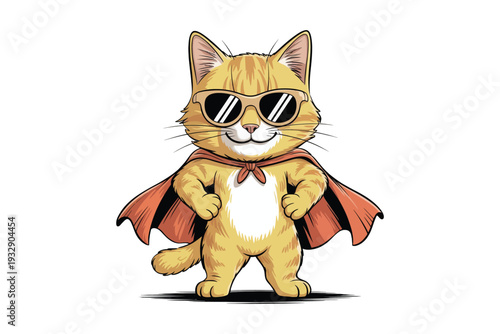 A charming orange tabby cat confidently poses sporting dark sunglasses and a vibrant red superhero cape high-quality professional detailed modern.