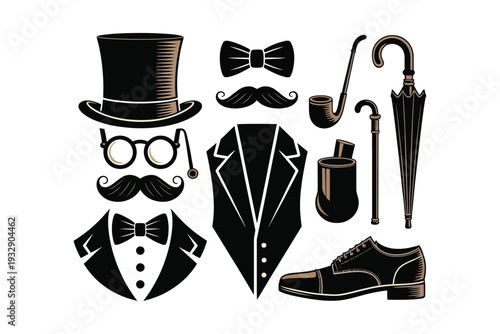 A stylish monochrome arrangement showcases classic gentleman s accessories including a top hat umbrella and formal attire high-quality professional detailed.