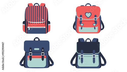 Set of four stylish school backpacks in various colors and patterns like stripes and hearts for children and students to use in their education.