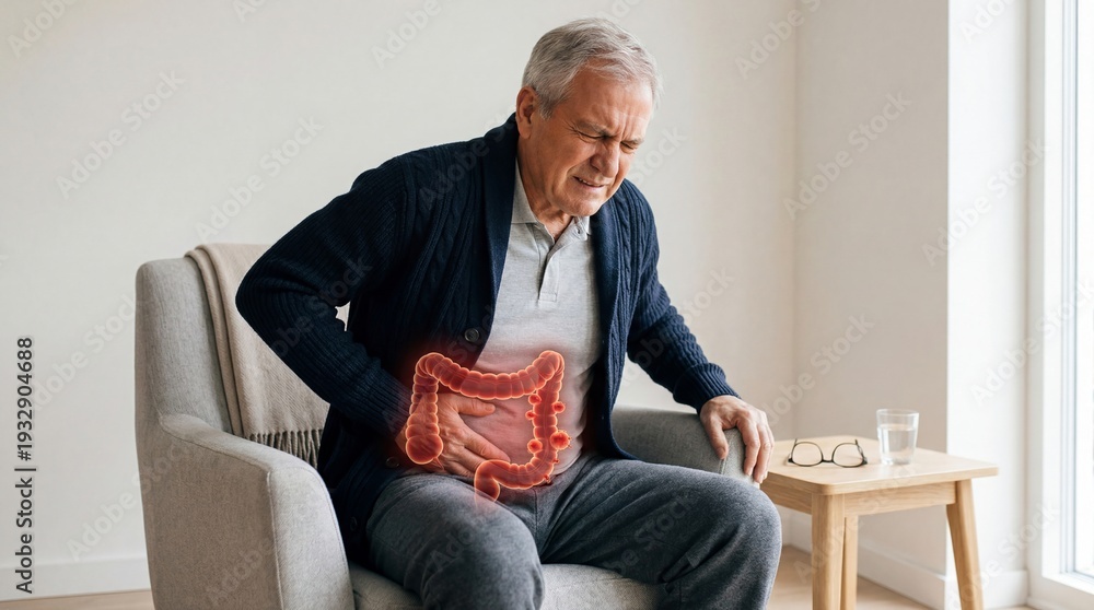 Fototapeta premium Old man suffering from severe colon pain sitting on a sofa. Elderly male with bowel problem, colon disease, digestive system issue.
