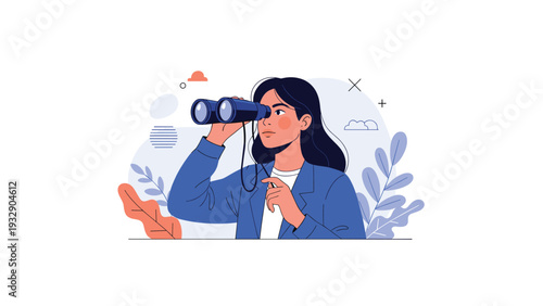 Focused woman looks through large binoculars to search for new opportunities or future goals against a creative background.