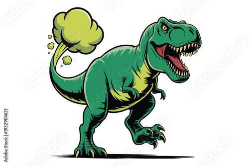 A cheerful green tyrannosaurus rex is playfully depicted releasing a cloud of gas from its rear end high-quality professional detailed.