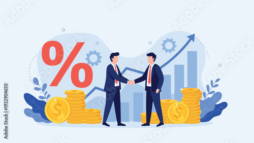 Professional businessmen shake hands to seal a financial deal featuring growth charts, gold coins, and a large percentage sign.