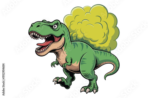 A cheerful green tyrannosaurus rex is depicted roaring with a puff of smoke emanating from its open mouth high-quality professional.