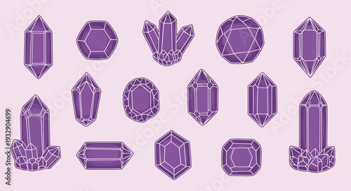 Collection of purple amethyst crystals and gemstones in various geometric shapes and clusters on a light pink background