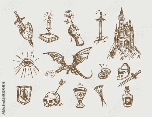 Medieval objects sketch set, knights, dragons, castle, monochrome illustrations, hand-drawn vector doodles.