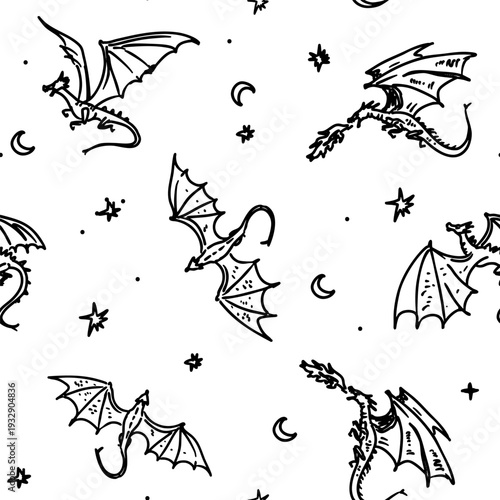 Flying dragons sketches, seamless patterns, monochrome illustrations, hand-drawn vector doodles.