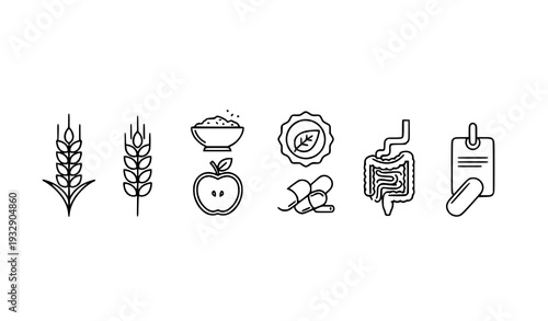 A set of minimalist icons representing healthy food and nutrition