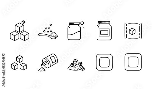 A set of vector icons depicting various sugar and spice containers and cubes