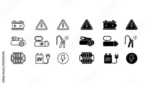 A set of black and white vector icons depicting various electrical symbols and battery chargers
