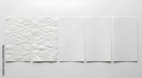 Set of blank white paper sheets with crumpled texture on gray background for design mockup