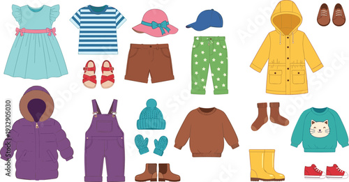 Children Clothing and Accessories Set with Dress Jacket Pants Shoes and Hats Cute Cartoon Vector Illustration