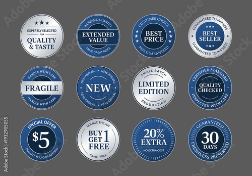 Vintage Marketing Sticker Badge Set, Retro Label, Seal, Price Tag Vector Icons for Product Packaging