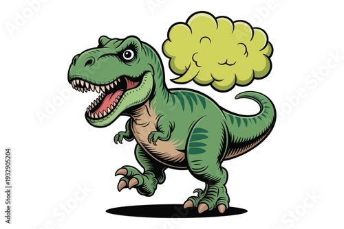 A cheerful green tyrannosaurus rex is depicted roaring with a puff of smoke emanating from its open mouth high-quality professional.