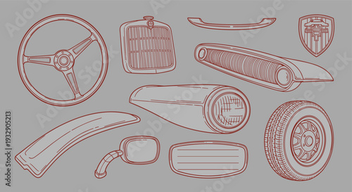 Collection of vintage car parts including a steering wheel, headlight, fender, tire, and grille on a neutral background