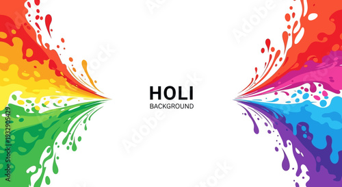 Vibrant Holi Festival Day frame with colorful paint splashes and rainbow design elements on a white background, ideal for decoration and celebration