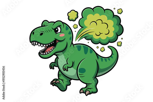 A cheerful green tyrannosaurus rex is depicted roaring with a puff of smoke emanating from its open mouth high-quality professional.