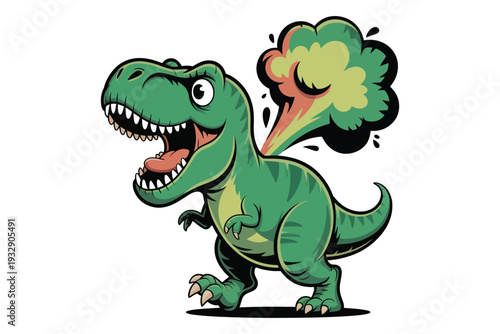 A cheerful green tyrannosaurus rex is depicted roaring with a puff of smoke emanating from its open mouth high-quality professional.