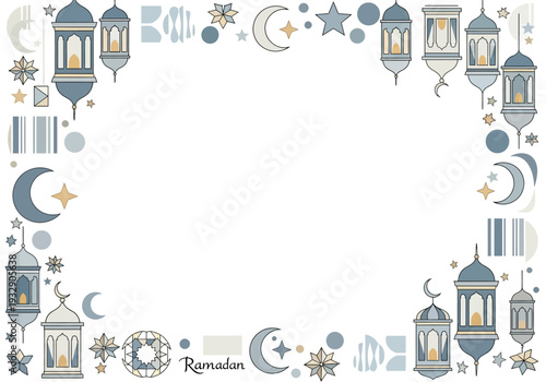 Ramadan themed illustration featuring lanterns, stars, and moons in a decorative border around a central white space