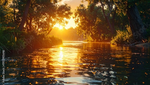 Serene river at golden hour, warm sunlight reflecting on rippling water surrounded by lush greenery