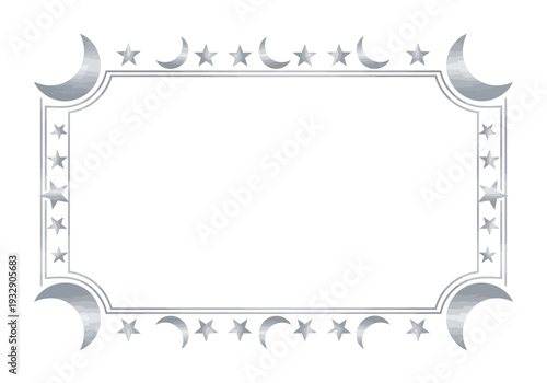 Silver decorative frame adorned with crescent moons and stars on a transparent background, viewed from the front