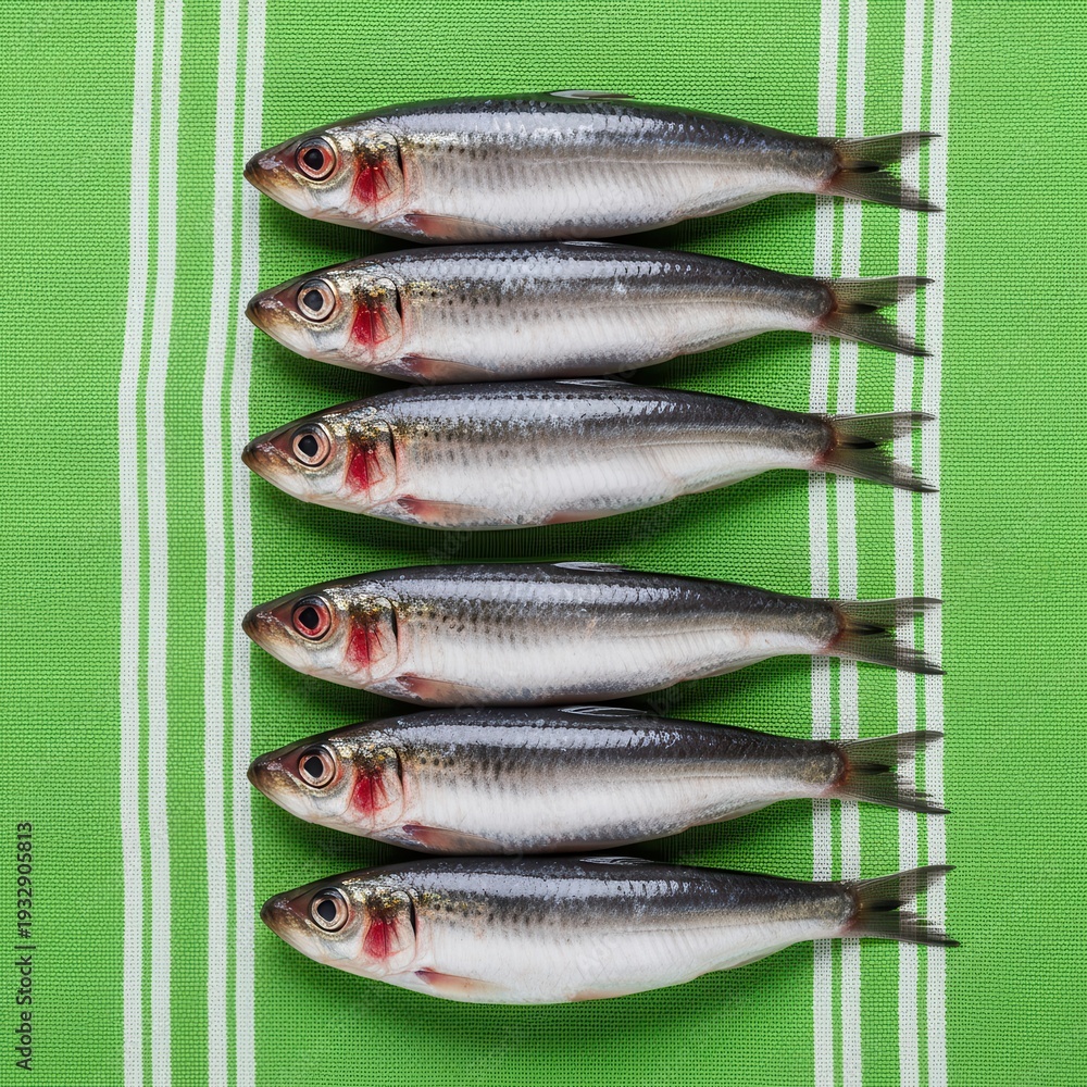 Fototapeta premium A vertical line of fresh sardines on a bright green striped cloth.