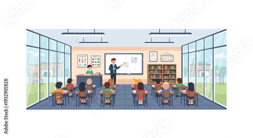 Diverse students in brightly lit classroom with teacher at whiteboard, educational setting illustration