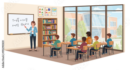 Diverse students learning math in a bright modern classroom with large windows