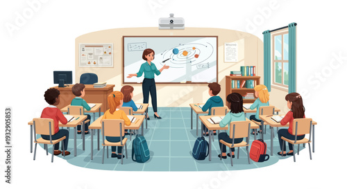 Teacher Explains Solar System to Diverse Students in Classroom