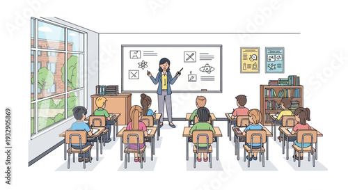 Diverse students learning geometry in a bright classroom with teacher at whiteboard