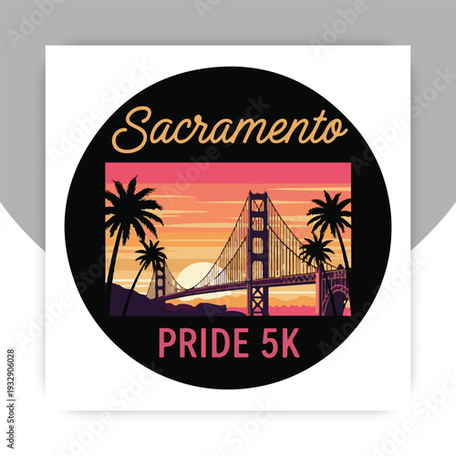 Sacramento Pride 5K Retro Sunset Badge with Bridge Silhouette LGBTQ Pride Run Event Design,