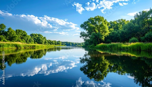 Serene river landscape with lush green trees and calm water reflecting blue sky