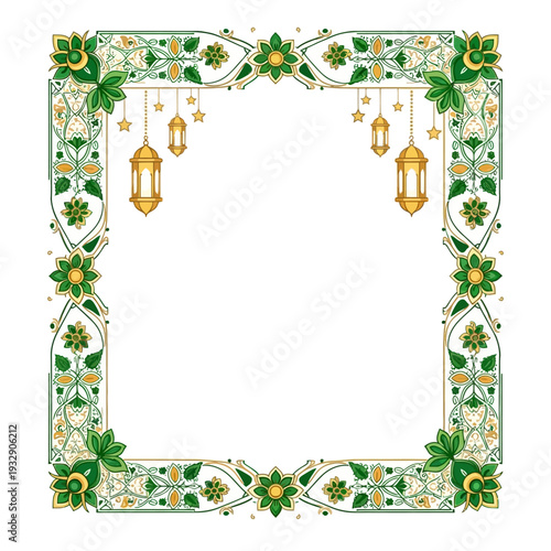 Ornate green floral frame with hanging lanterns and stars on transparent background for cultural celebration invitation