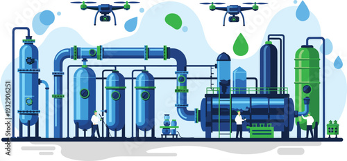 Industrial water treatment plant system with pipelines tanks workers and monitoring drones vector illustration
