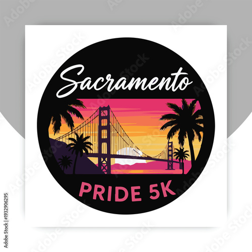 Sacramento Pride 5K Retro Sunset Badge with Bridge Silhouette LGBTQ Pride Run Event Design,