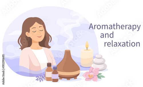 Woman relaxes and practices aromatherapy.